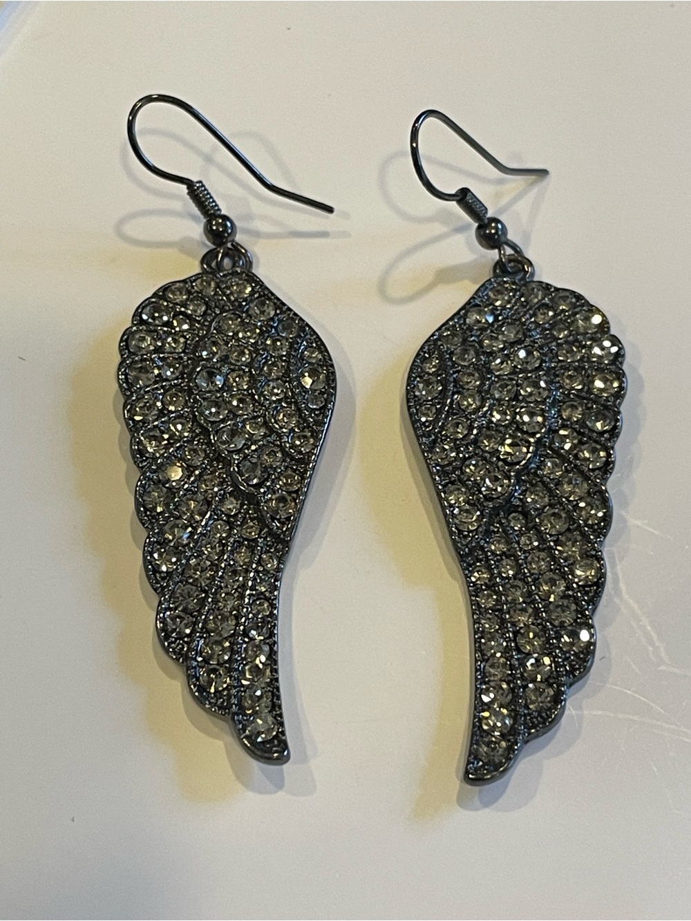 Jeweled Gun Metal Angel Wings Pierced Earrings #0299